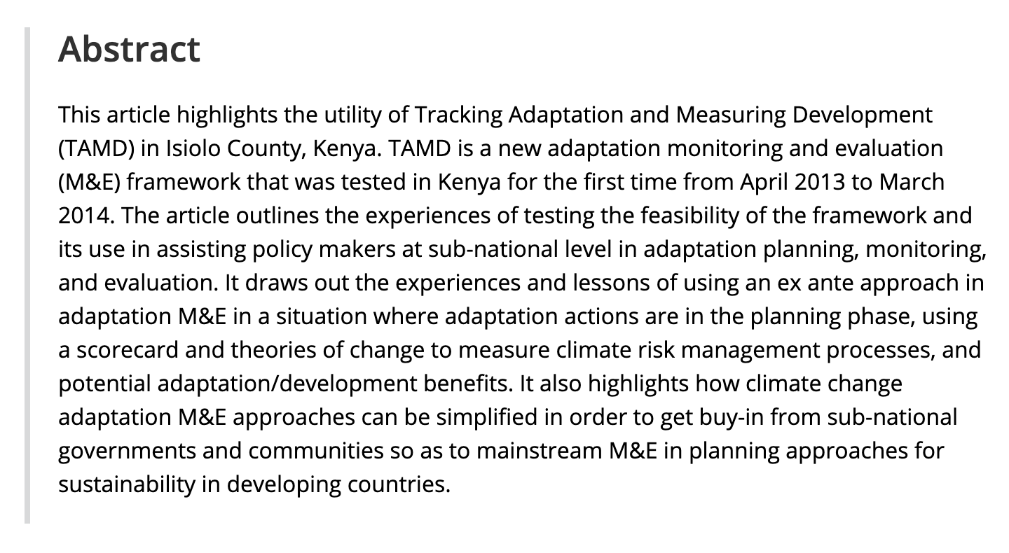 Monitoring and evaluation of climate change adaptation: A review of the landscape tracking adaptation and measuring development in Isiolo county Kenya