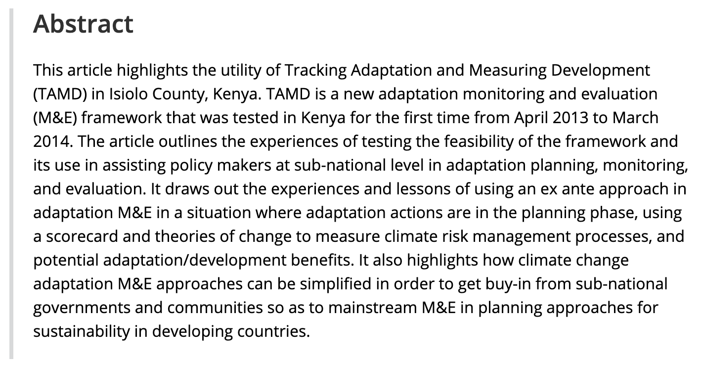 Monitoring and evaluation of climate change adaptation: A review of the landscape tracking adaptation and measuring development in Isiolo county Kenya